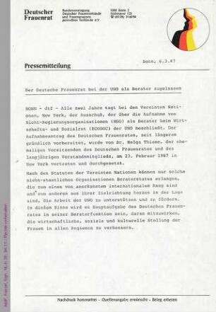 Pressemitteilung des Deutschen Frauenrats über den Erhalt des Beraterstatus bei den Vereinten Nationen (UN)