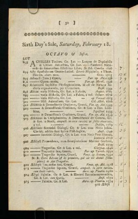32-51, Sixth Day's Sale, Saturday, February 18. - Eights Day's Sale, Tuesday, February 21.