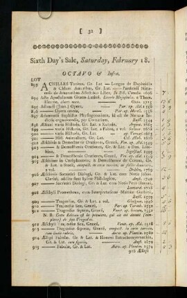 32-51, Sixth Day's Sale, Saturday, February 18. - Eights Day's Sale, Tuesday, February 21.