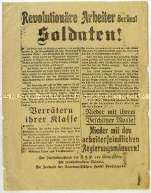 Flugblatt von USPD, KPD und revolutionären Obleuten gegen die Reichsregierung im Zuge des Januaraufstandes 1919 in Berlin
