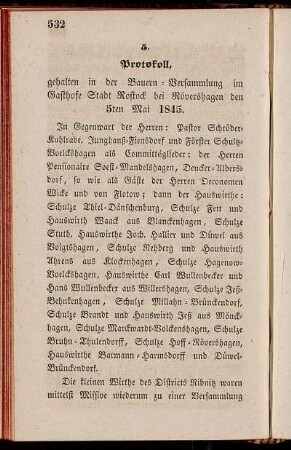 5. Protokoll, gehalten in der Bauern-Versammlung im Gasthofe Stadt Rostock bei Rövershagen den 5ten Mai 1845.