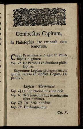 Conspectus Capitum, In Philosophia hac rationali contentorum.