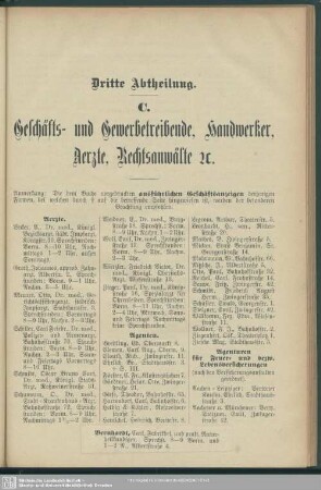 Dritte Abteilung. Berufsklassen und Gewerbebetriebe : Dritte. Abtheilung. C. Geschäfts- und Gewerbetreibende, Handwerker, Aerzte, Rechtsanwälte etc.