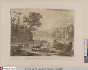 [Flusslandschaft mit Fähre zu einer Wassermühle, im Vordergrund ein Hirte, der eine Ziege melkt