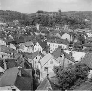 Greiz. Stadtansicht mit Oberem Schloß auf dem Schloßberg