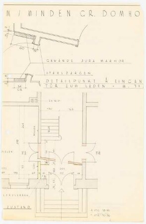 Bücherstube am Dom, Großer Domhof 9, Minden: Grundriss Änderungen im Eingangsbereich, 1:50, Detail Tür zum Laden, 1:20