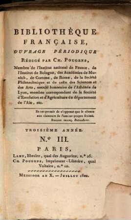 Bibliothèque française : ouvrage périodique. 3. 1802, 3 = Juli