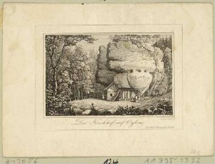 Der Friedhof und Hütten unter den Felsen auf dem Berg Oybin im Zittauer Gebirge, aus Carl Peschecks "Oybin bei Zittau in 12 Ansichten ..." (erweiterte Auflage?)