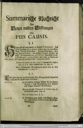 Summarische Nachricht Von Denen milden Stiftungen Oder Piis Causis