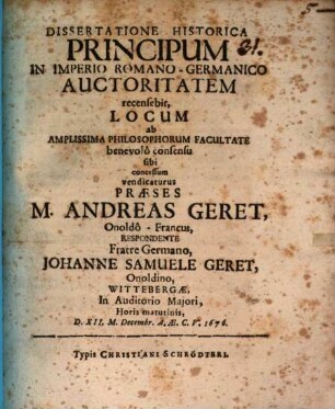 Disseratione hist. principum in imperio Romano-Germanico auctoritatem