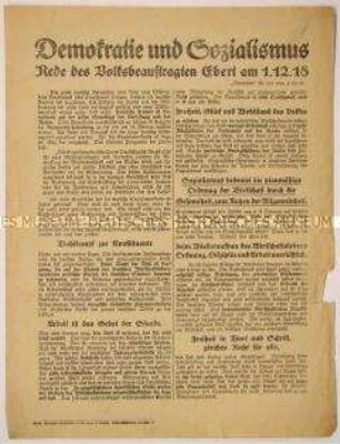 Flugblatt mit Auszug aus dem "Vorwärts" Nr. 331 vom 2.12.1918 mit dem Wortlaut der Rede Friedrich Eberts über Demokratie und Sozialismus am Vortag