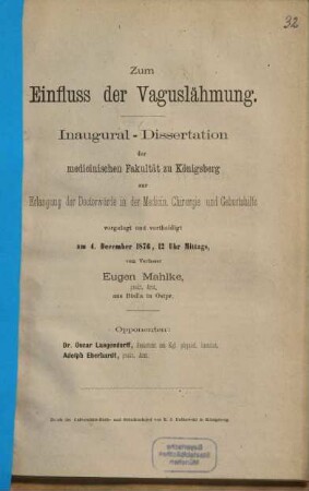 Zum Einfluss der Vaguslähmung : Von Eugen Mahlke. (Inauguraldissertation.)
