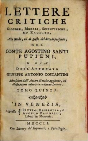 Lettere Critiche Giocose, Morali, Scientifiche, Ed Erudite, Tomo Quinto