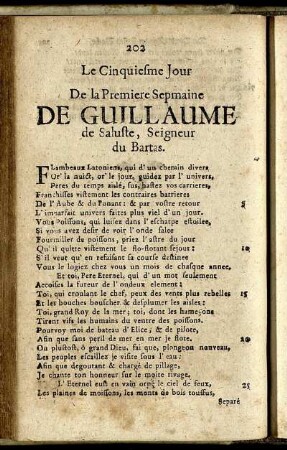 Le Cinquiesme Jour De la Premiere Sepmaine De Guillaume de Saluste, Seigneur du Bartas = Der Fünffte Tag Der Ersten Woche ...