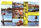 "Mit dem Neckarbummler durch's romantische Neckartal" - Sammelpostkarte, Neckar-Motive von: Lauffen, Bad Wimpfen, Schleuse Heilbronn, Hafen Heilbronn, Jagstfeld, Gundelsheim; Innenansicht eines Ausflugsschiffs