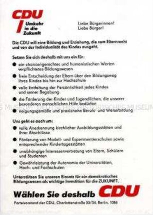 Wahlflugblatt des CDU-Parteivorstandes Berlin mit dem Schwerpunktthem Bildungspolitik
