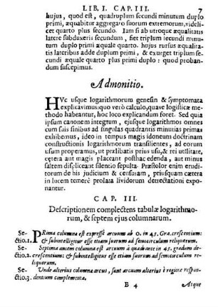 Cap. III. descriptionem complectens tabulæ logarithmorum, & septem ejus columnarum.