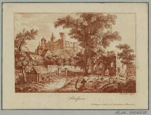 Ansicht der Burg Stolpen, Radierung. um 1840 : Stolpen / Pescheck sculps. - Dresden : Otto u. Lehmann, [ca. 1840]. - 1 Kunstblatt : Radierung braun ; 10,4 x 6,9 cm