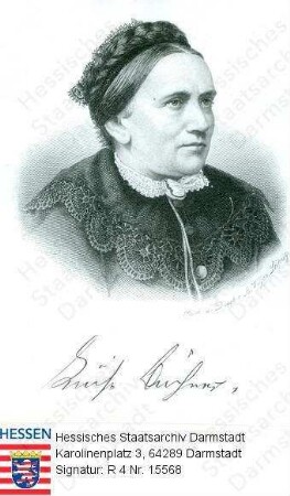 Büchner, Luise (1821-1877) / Porträt, Brustbild, mit faks. Unterschrift / Frontispiz zu 'Nachgelassene Schriften', 1878