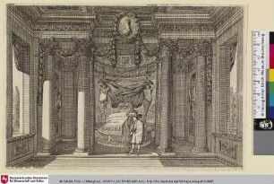 [Alkoven mit zwei Männern vor einem von Säulen umgebenen Bett; Alcôve à colonnes corinthiennes lisses]