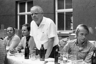 Freiburg: Münsterbauhütte; Richtfest, Geis, Lessner, Jakob, am Tisch