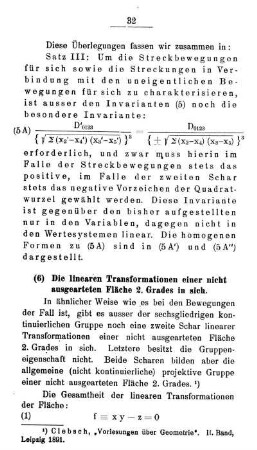 (6) Die linearen Transformationen einer nicht ausgearteten Fläche 2. Grades in sich.