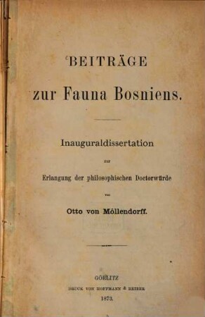 Beiträge zur Fauna Bosniens : Inauguraldissertation zur Erlangung der philosophischen Doctorwürde