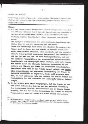 Erfahrungen und Aufgaben der politischen Führungstätigkeit der FDJ bei der Entwicklung und Förderung junger Frauen für Leitungsfunktionen ; Jahresarbeit an der Parteihochschule "Karl Marx" und Thesen
