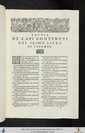 Tavola de capi contenuti nel primo libri di Tolomeo.