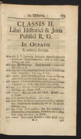 Classis II. Libri Historici & Juris Publici R. G. In Octavo