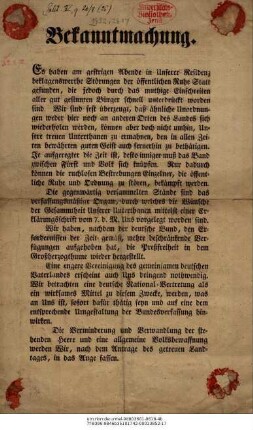 Bekanntmachung : Es haben am gestrigen Abende in Unserer Residenz beklagenswerthe Störungen der öffentlichen Ruhe statt gefunden ... Weimar am 9. März 1848 / [ Carl Friedrich, Großherzog; Carl Alexander, Erbgroßherzog]