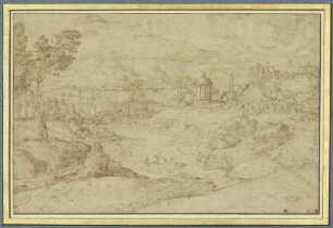 Landschaft mit antikem runden Tempel, einer zerstörten Brücke und einem Fluß