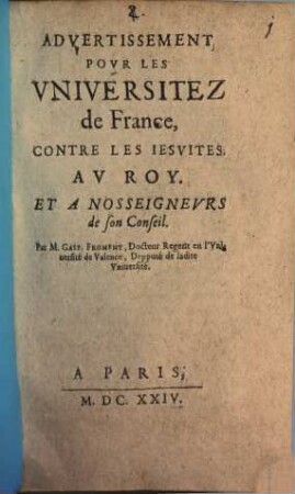 Advertissement pour les universitez de France contre les jesuites