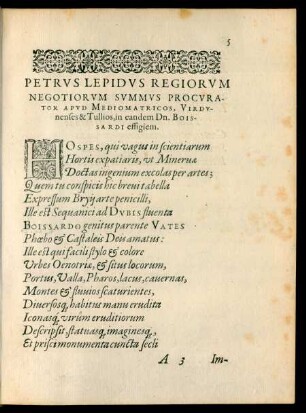 Petrus Lepidus Regiorum Negotiorum Summus Procurator Mediomatricos ...Dn. Boissardi effigiem.