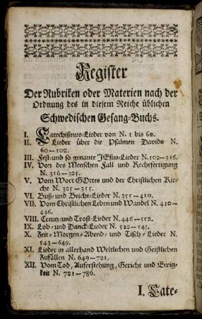 Register Der Rubriken oder Materien nach der Ordnung des in diesem Reiche üblichen Schwedischen Gesang-Buchs.