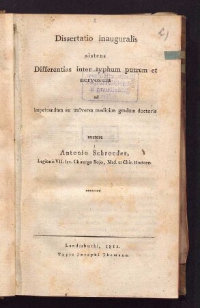 Dissertatio inauguralis sistens differentias inter typhum putrem et nervosum : impetrandum ex universa medicina gradum doctoris