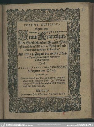 Corona nuptialis : Ehren- oder Braut-Kräntzlein aller gottliebenden Bräut; Predigt über Sirach 25