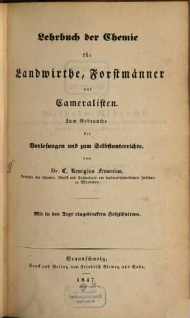 Lehrbuch der Chemie für Landwirthe, Forstmänner und Cameralisten : zum Gebrauche bei Vorlesungen und zum Selbstunterrichte