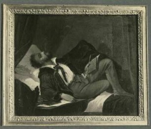 Schmolze, K. Mann liegend mit Pfeife im Bett, sinnierend