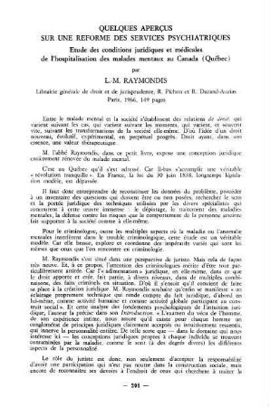 291-293, Quelques aperçus sur une réforme des services psychiatriques, par L.-M. Raymondis