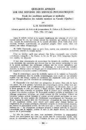 291-293, Quelques aperçus sur une réforme des services psychiatriques, par L.-M. Raymondis