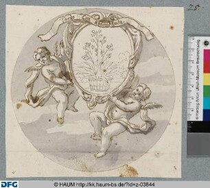 Emblem mit Blumentopf von zwei Putten getragen