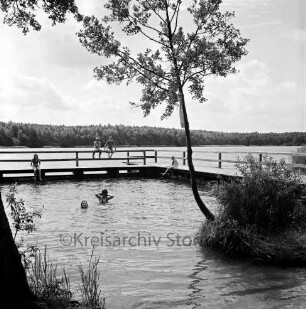 Großensee: Nordufer: Badestrand: vorn Nichtschwimmerbereich: dahinter Badestege mit Badenden: vorn rechts Baum und Schilf: hinten Wald