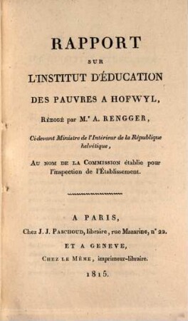 Rapport sur l'institut d'éducation des pauvres à Hofwyl