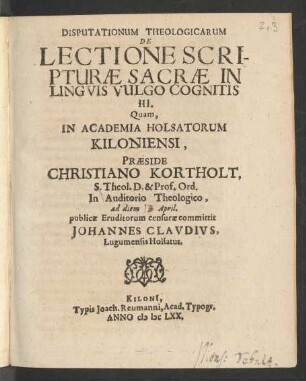 3: Disputationum Theologicarum De Lectione Scripturae Sacrae In Linguis Vulgo Cognitis ...