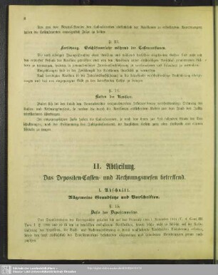 II. Abtheilung. Das Depositen-Cassen- und Rechnungswesen betreffend