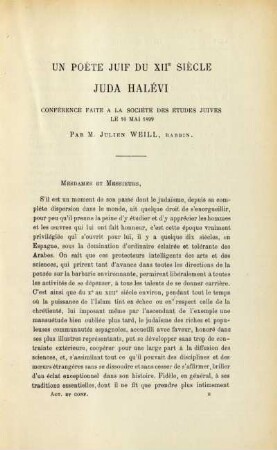 Un poète juif du XIIe siècle Juda Halévi ... par M. Julien Weill, Rabbin.
