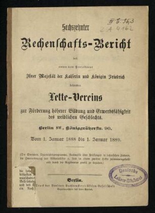16: ... Rechenschafts-Bericht. - 16.1889/89