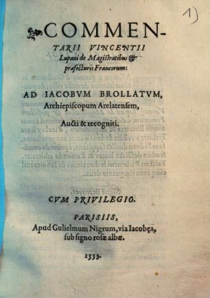 Commentarii Vincentii Lupani de magistratibus et praefecturis Francorum. 1