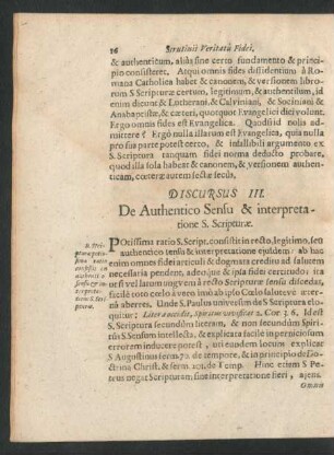 Discursus III. De Authentico Sensu & interpretatione S. Scripturae.